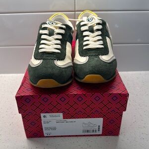 Tory Burch Green and Cream Retro Sneakers with Suede and Mesh